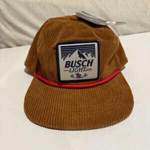 Retro Busch Light Beer Logo Patch Brown Corduroy Flat Bill Hat Anheuser NWT Rope